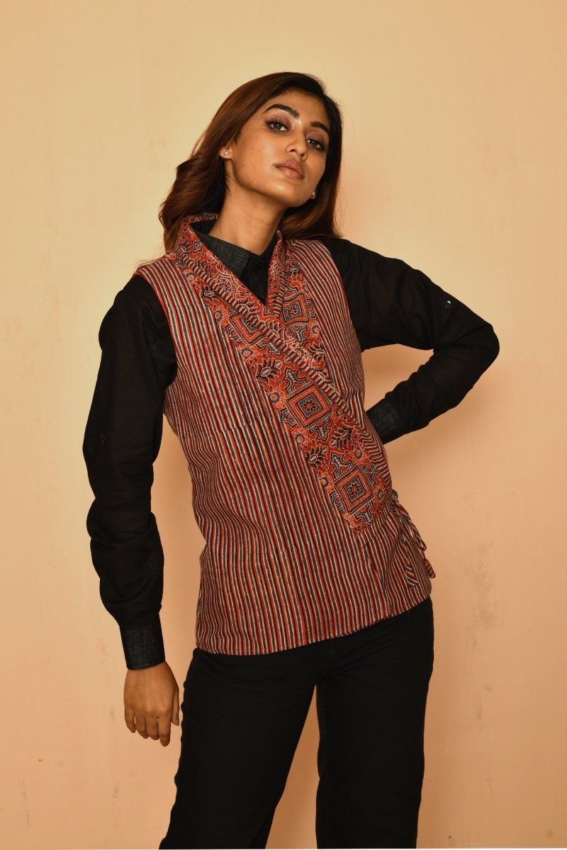 Buy Red Cotton Ajhrak Shawl Jacket for Women | Shop Verified Sustainable Womens Jacket on Brown Living™