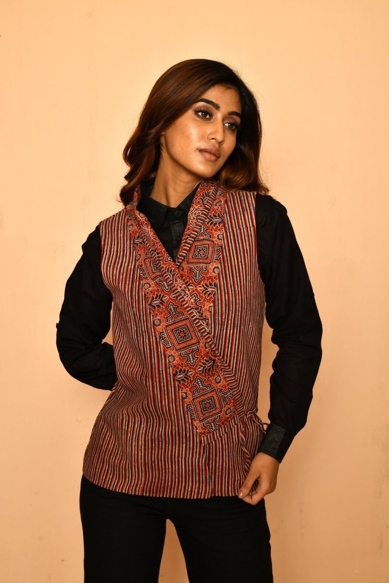 Buy Red Cotton Ajhrak Shawl Jacket for Women | Shop Verified Sustainable Womens Jacket on Brown Living™