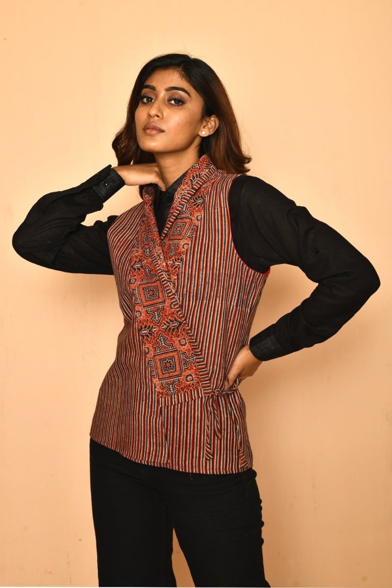 Buy Red Cotton Ajhrak Shawl Jacket for Women | Shop Verified Sustainable Womens Jacket on Brown Living™