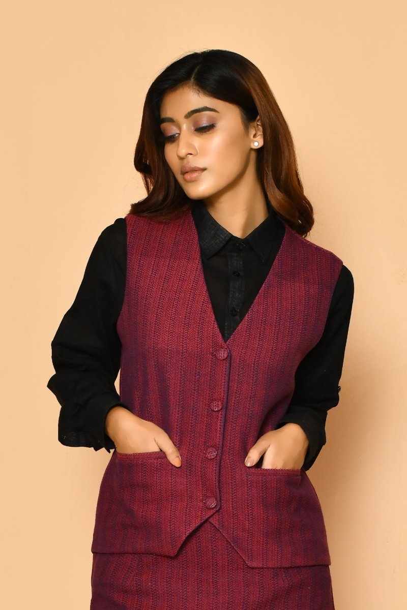 Buy Red V-Neck Waist Coat Cotton Jacket for Ladies | Shop Verified Sustainable Womens Jacket on Brown Living™