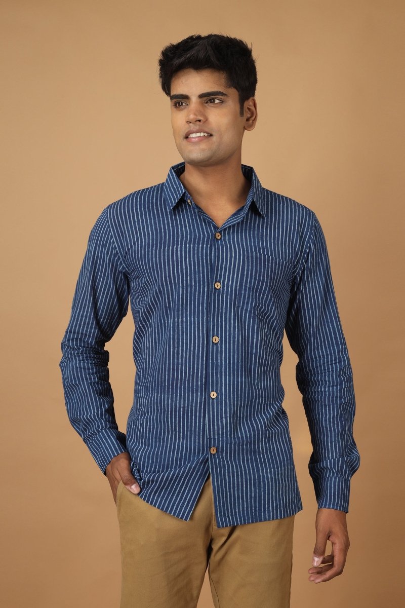 Buy Rekh Dabu Indigo Mens Cotton Shirt | Shop Verified Sustainable Mens Shirt on Brown Living™