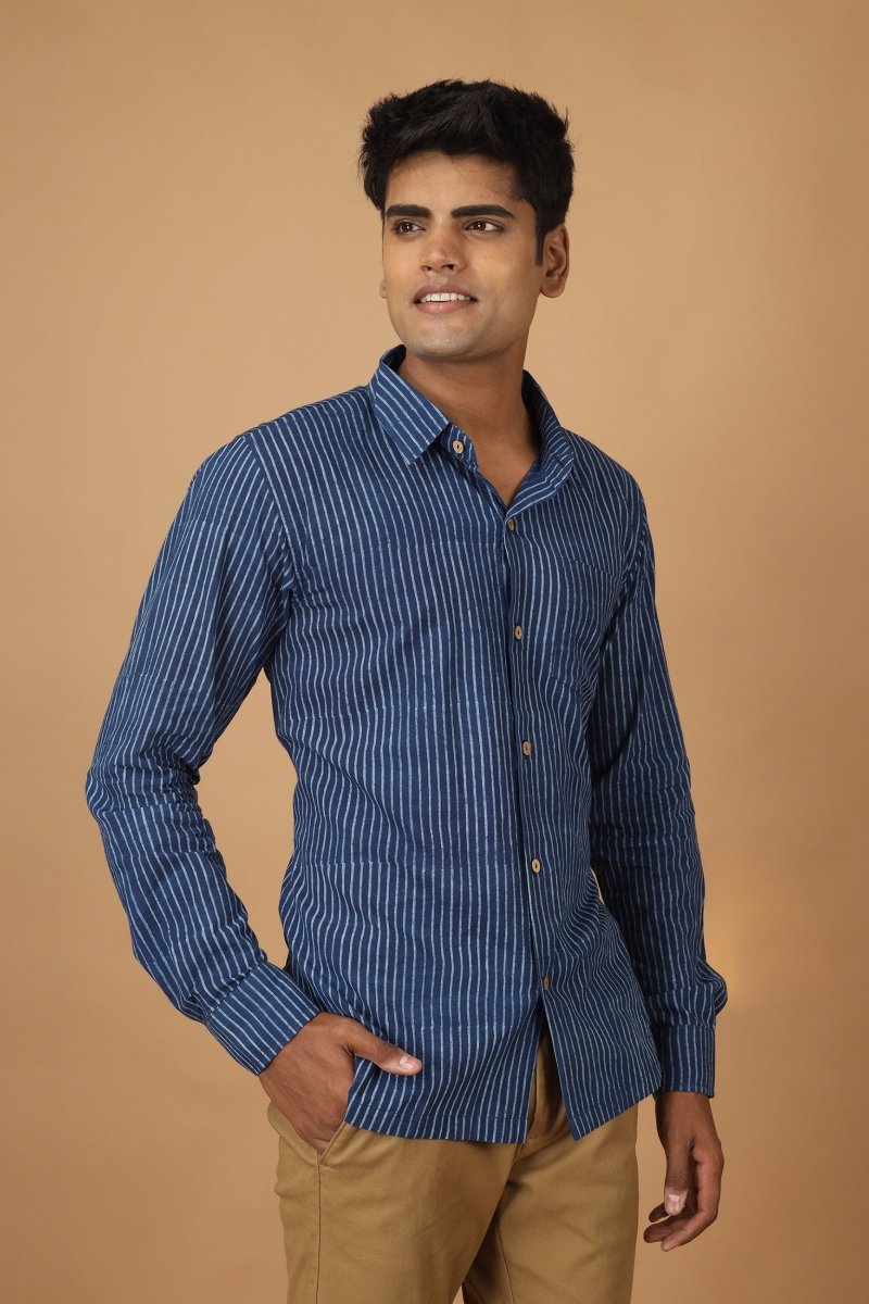 Buy Rekh Dabu Indigo Mens Cotton Shirt | Shop Verified Sustainable Mens Shirt on Brown Living™