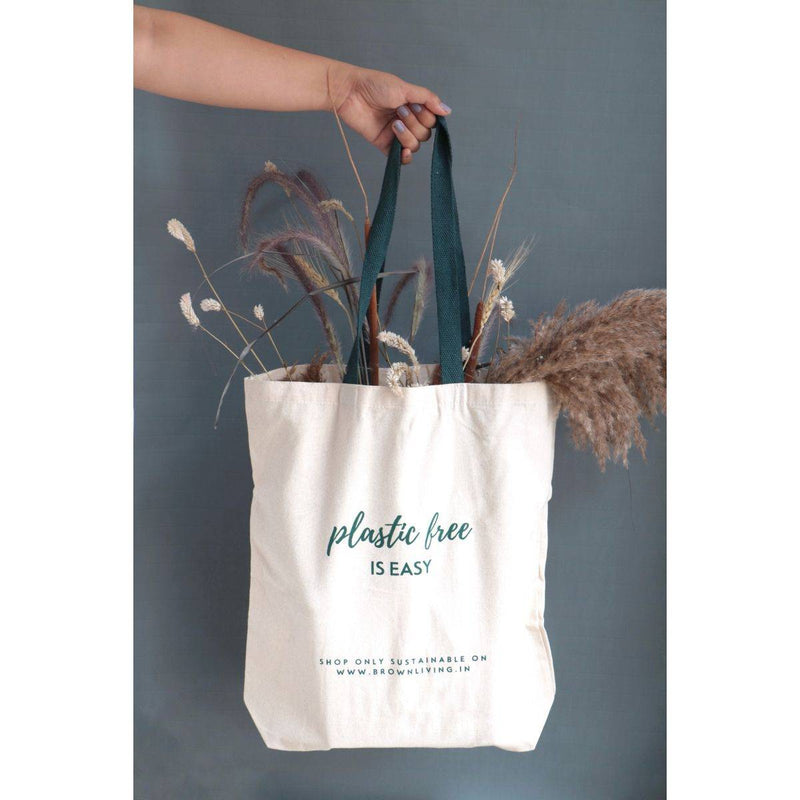 Buy Reusable Cotton Tote Bag - Plastic Free Is Easy - Off White | Shop Verified Sustainable Tote Bag on Brown Living™