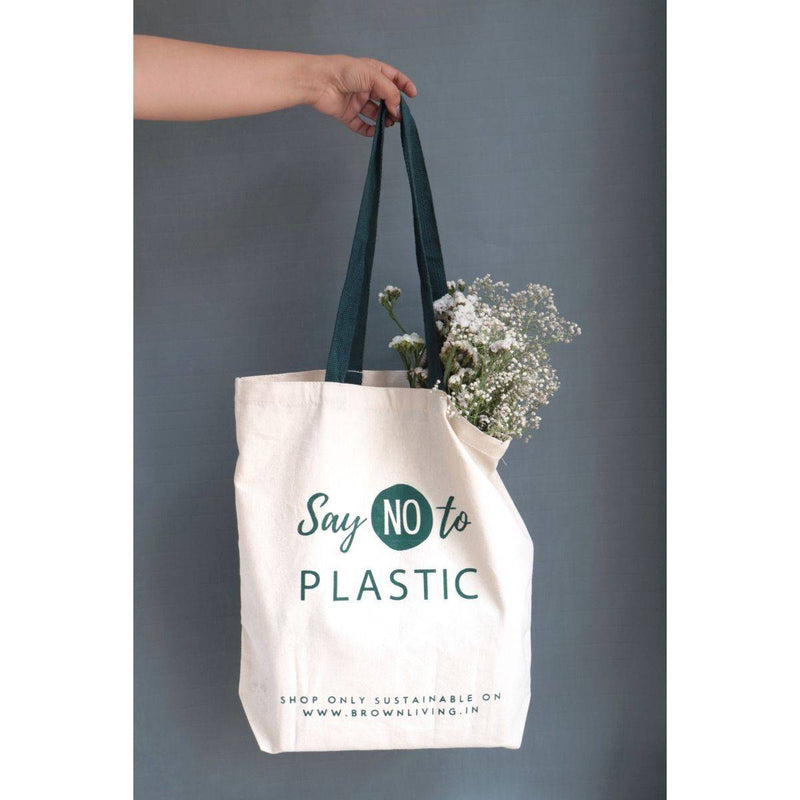 Buy Reusable Cotton Tote Bag - Say No To Plastic - Off White | Shop Verified Sustainable Tote Bag on Brown Living™