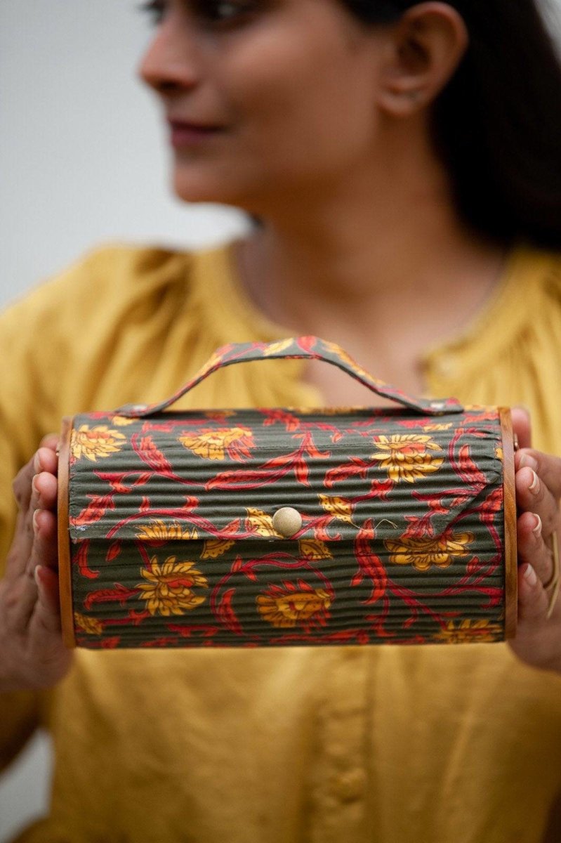 Buy Round Sling Bag Clutch With Changeable Sleeve-Floral Creeper Black & Solid Rust | Shop Verified Sustainable Womens Handbag on Brown Living™