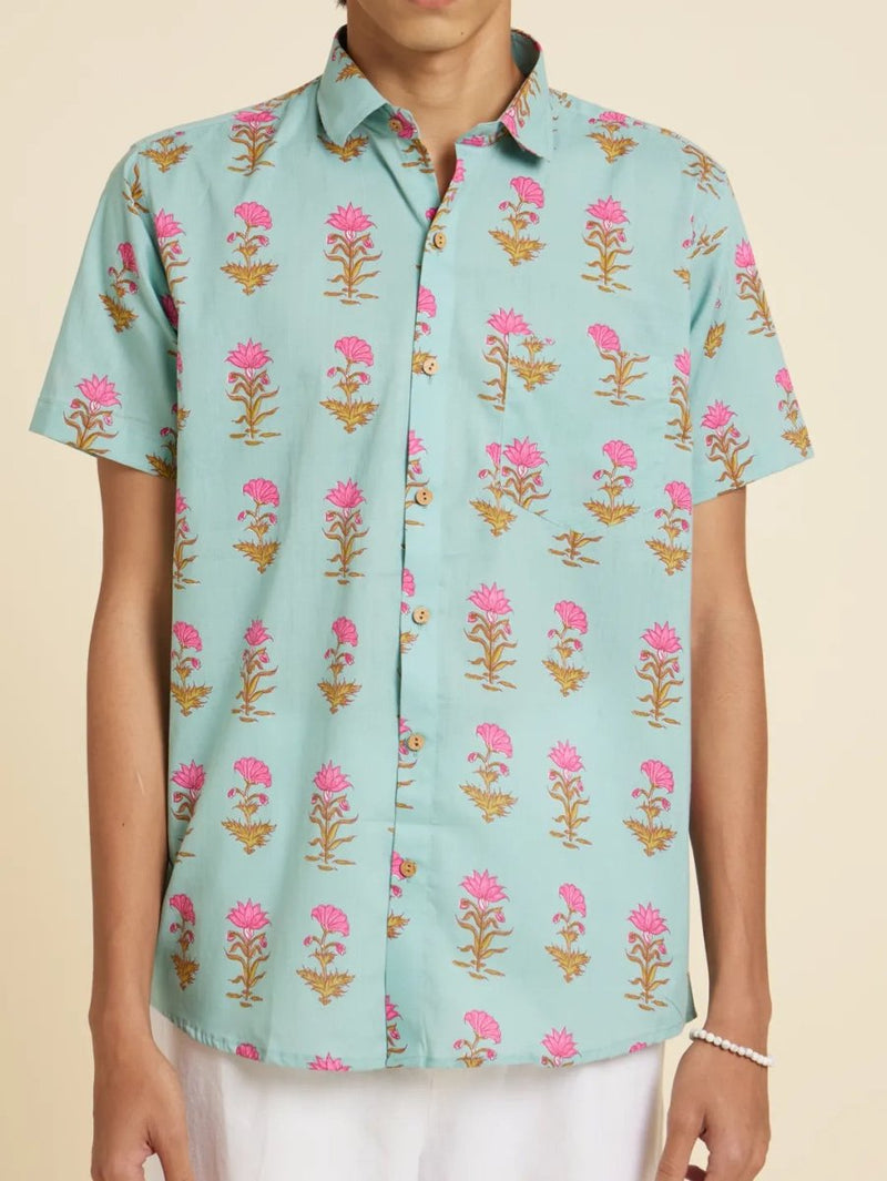 Buy Santorini Pink Lotus Printed Shirt | Shop Verified Sustainable Men Shirt on Brown Living™