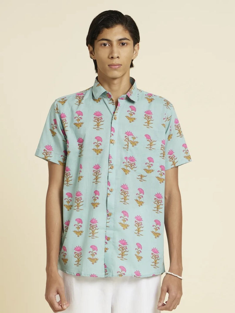 Buy Santorini Pink Lotus Printed Shirt | Shop Verified Sustainable Men Shirt on Brown Living™