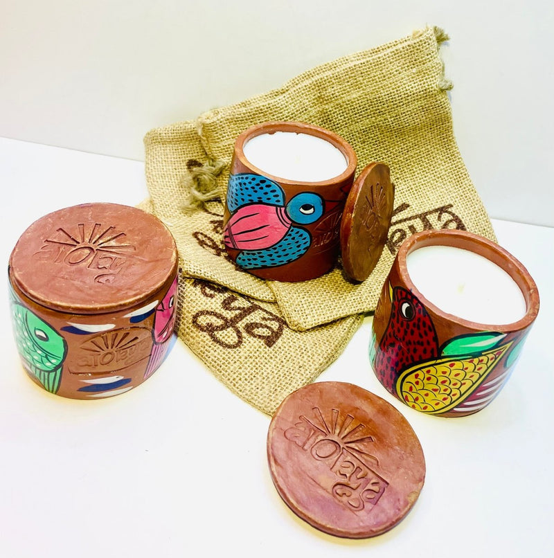 Buy Scented Soy wax Candles | Folk art on Terracotta Jar | Pack of 3 - Single Wick (Small) | Shop Verified Sustainable Candles & Fragrances on Brown Living™