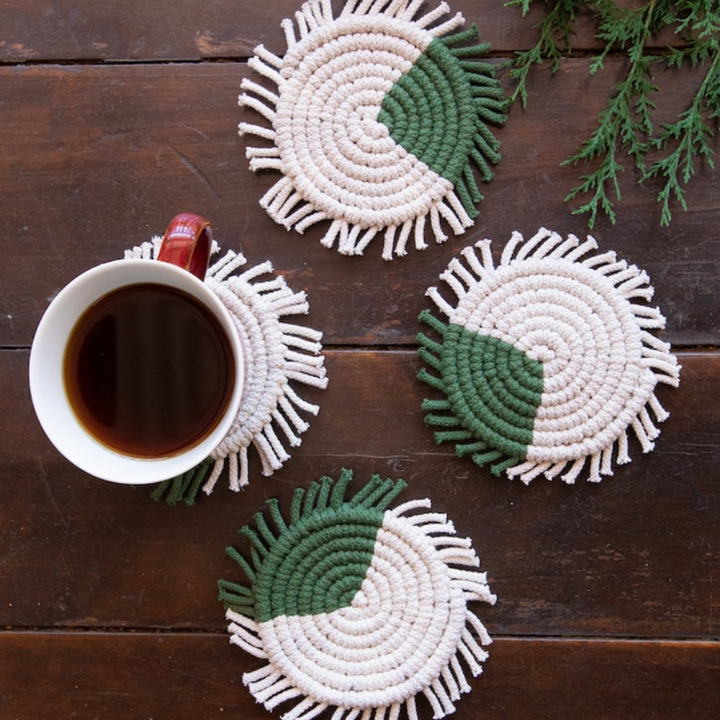 Buy Khushi Green & White Set of 4 Coasters Macrame | Shop Verified Sustainable Table Essentials on Brown Living™