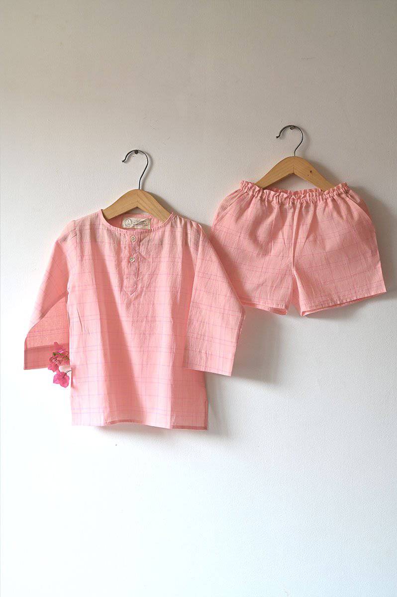 Buy Sleepover Party Kurta And Shorts Coord Set In Pink Checks | Shop Verified Sustainable Kids Nightwear on Brown Living™