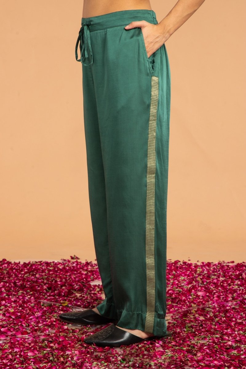 Buy Slim Fit Modal Satin Pants -Green | Shop Verified Sustainable Womens Pants on Brown Living™