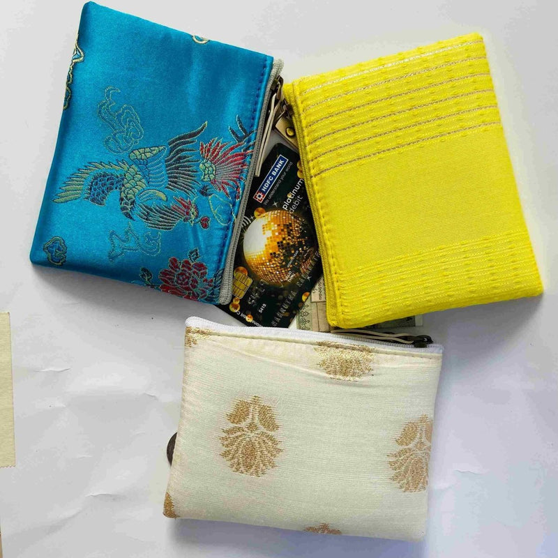 Buy Small Zipper pouch for coins and card- Pack of 3- Blue brocade | Shop Verified Sustainable Womens Bag on Brown Living™