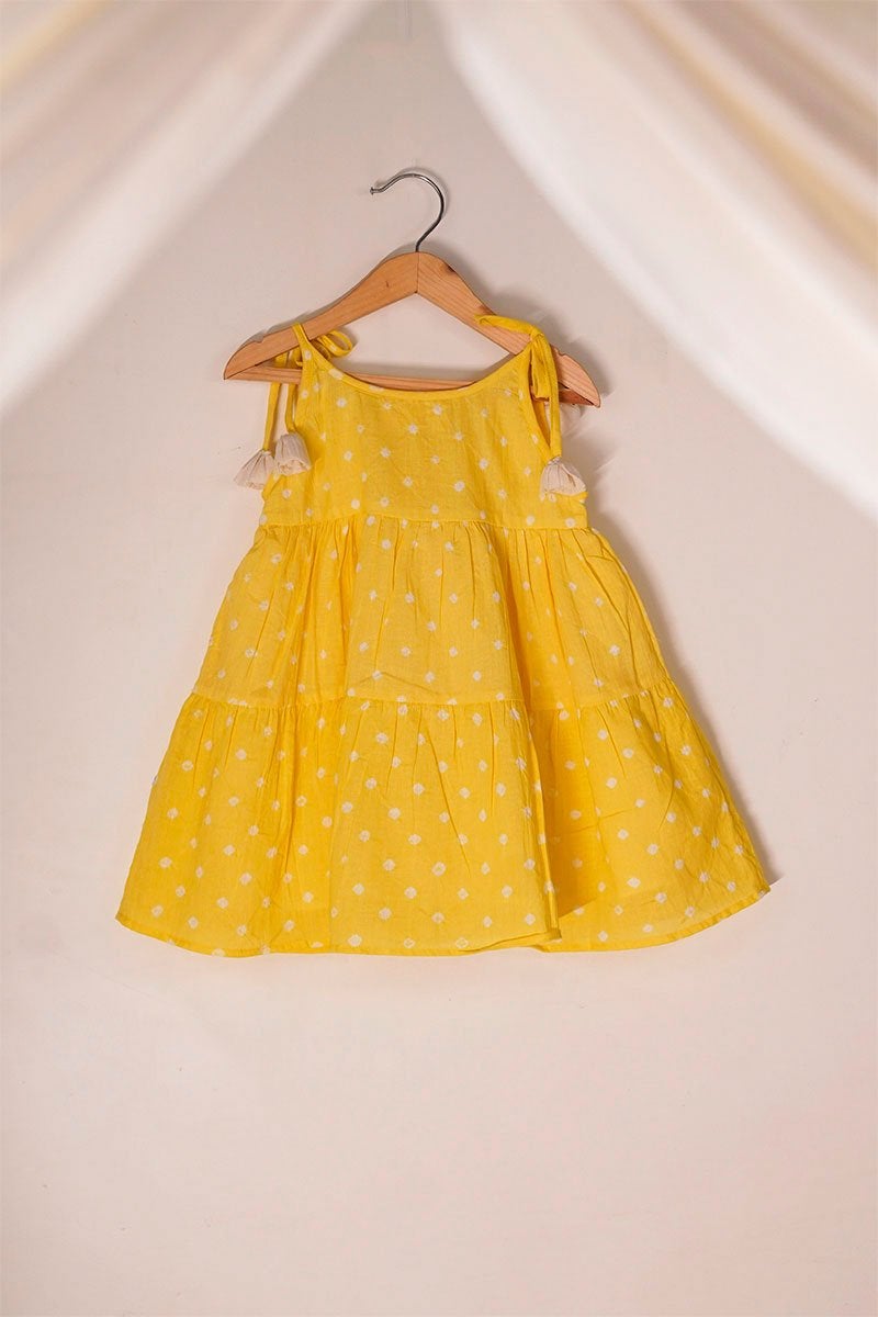 Buy Song In Your Heart' Yellow Bandhani Infant Baby Cotton Sleeveless Tiered Dress | Shop Verified Sustainable Kids Frocks & Dresses on Brown Living™