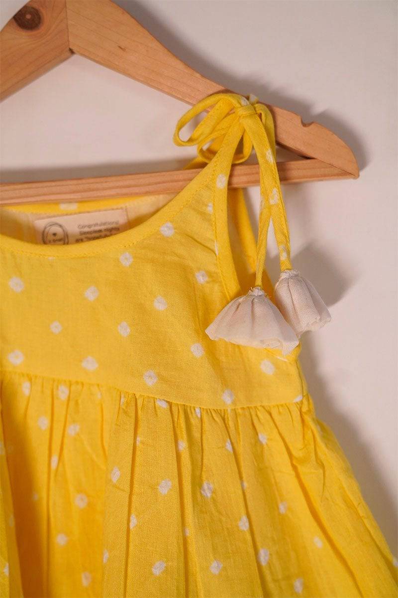 Buy Song In Your Heart' Yellow Bandhani Infant Baby Cotton Sleeveless Tiered Dress | Shop Verified Sustainable Kids Frocks & Dresses on Brown Living™