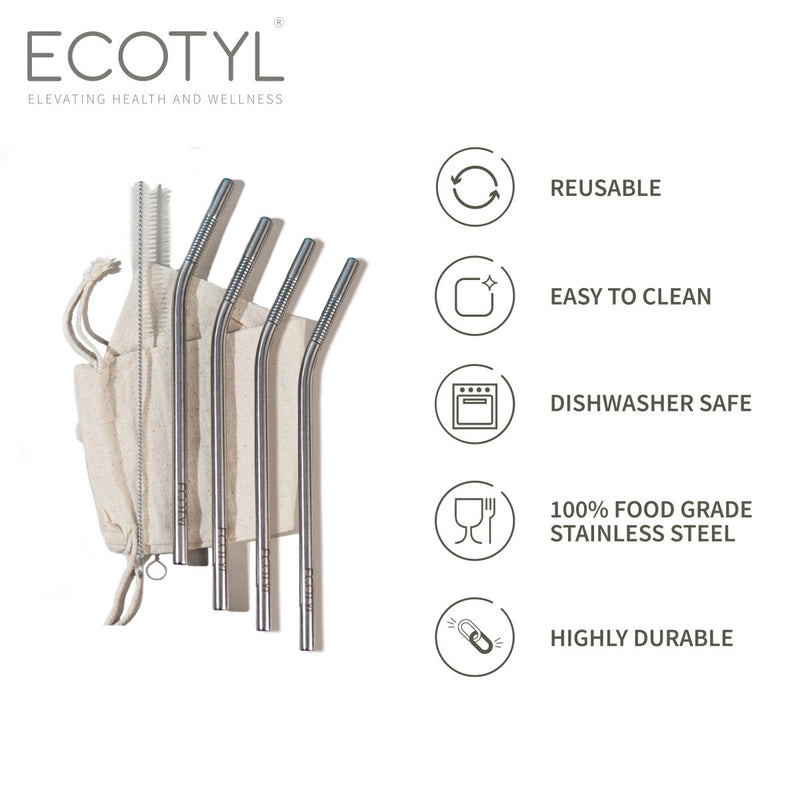 Buy Stainless Steel Reusable Straw Bent with Cleaning Brush | Set of 4 | Shop Verified Sustainable Straw on Brown Living™