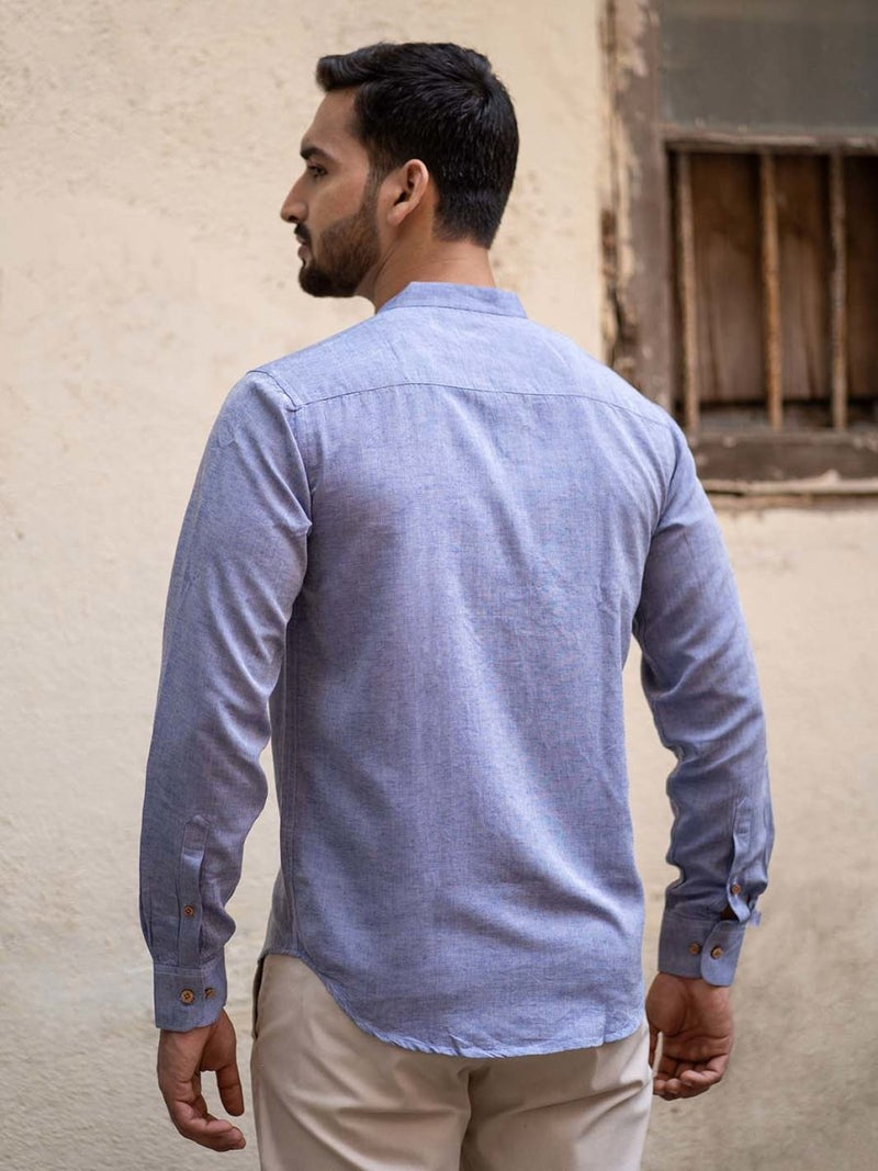 Buy Steel Blue Mandarin Collar Shirt in TENCEL™ Lyocell Linen | Shop Verified Sustainable Mens Shirt on Brown Living™