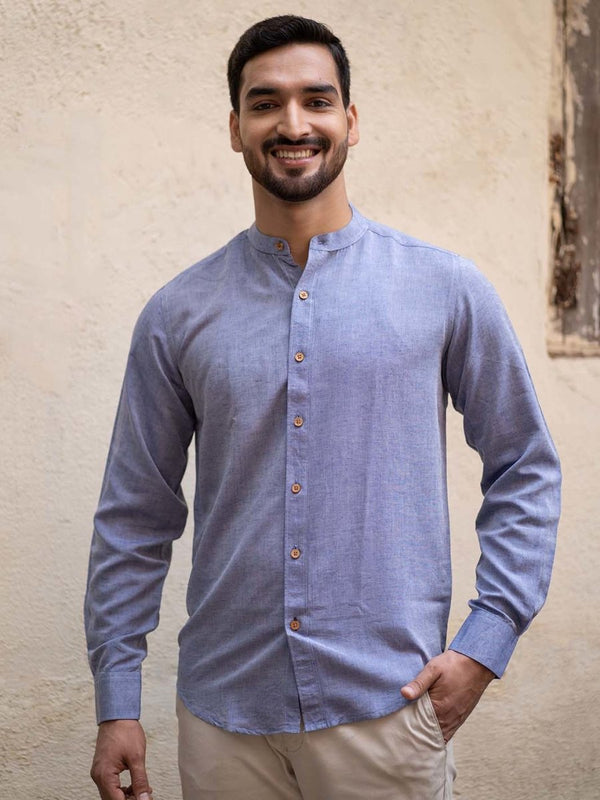 Buy Steel Blue Mandarin Collar Shirt in TENCEL™ Lyocell Linen | Shop Verified Sustainable Mens Shirt on Brown Living™