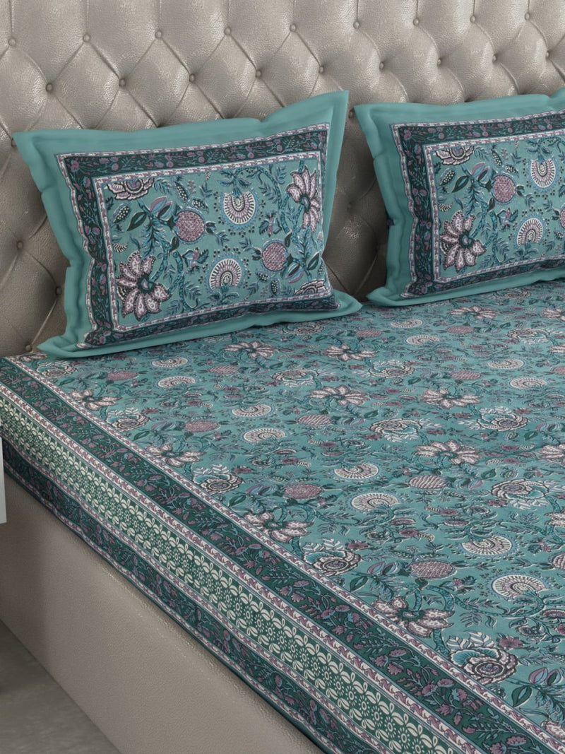 Buy Teal Floral Hand Printed Pure Cotton King Size Bedding Set | Shop Verified Sustainable Bedding on Brown Living™