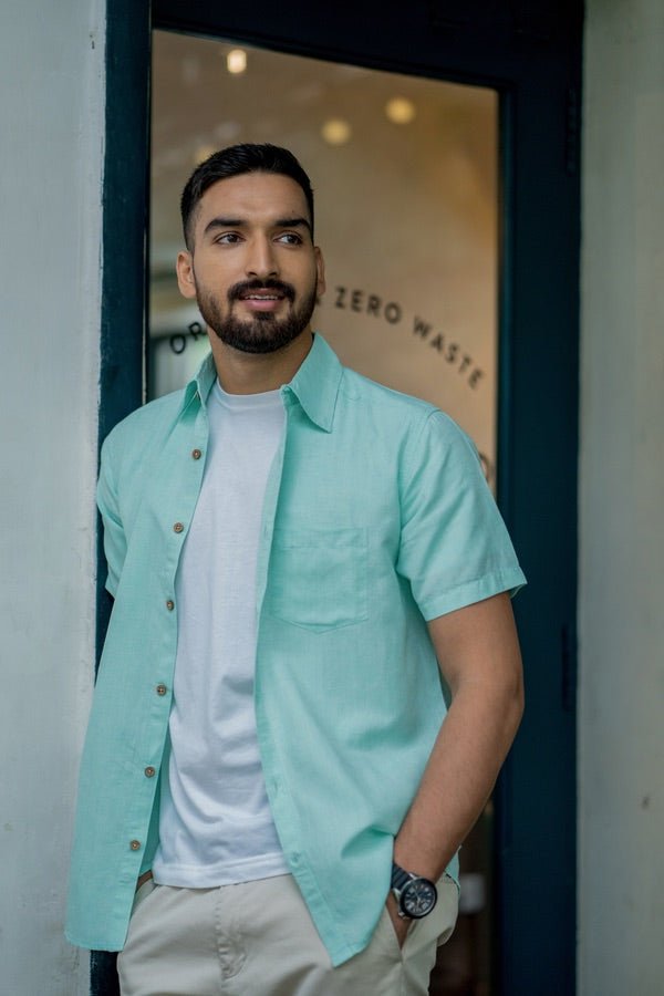 Buy TENCEL™ Lyocell-Linen Half Sleeve Shirt in Mint Green | Shop Verified Sustainable Mens Shirt on Brown Living™