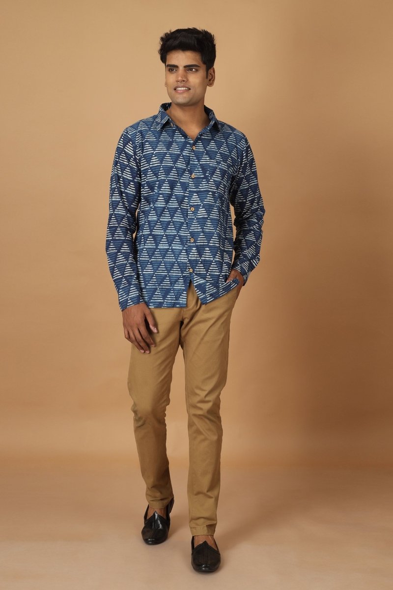 Buy Trikona Dabu Indigo Mens Cotton Shirt | Shop Verified Sustainable Mens Shirt on Brown Living™