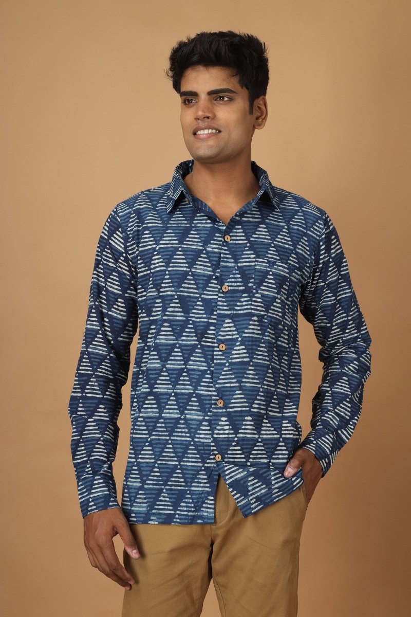 Buy Trikona Dabu Indigo Mens Cotton Shirt | Shop Verified Sustainable Mens Shirt on Brown Living™