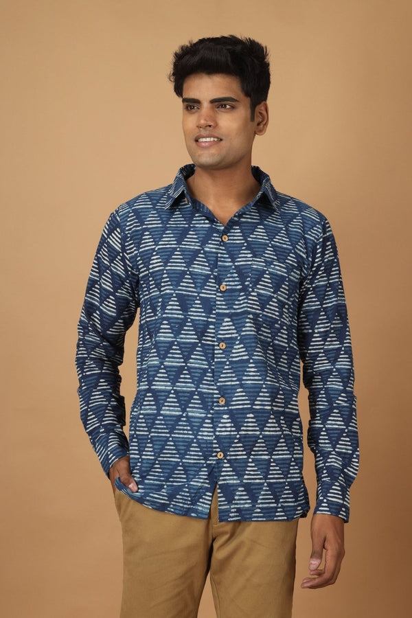 Buy Trikona Dabu Indigo Mens Cotton Shirt | Shop Verified Sustainable Mens Shirt on Brown Living™