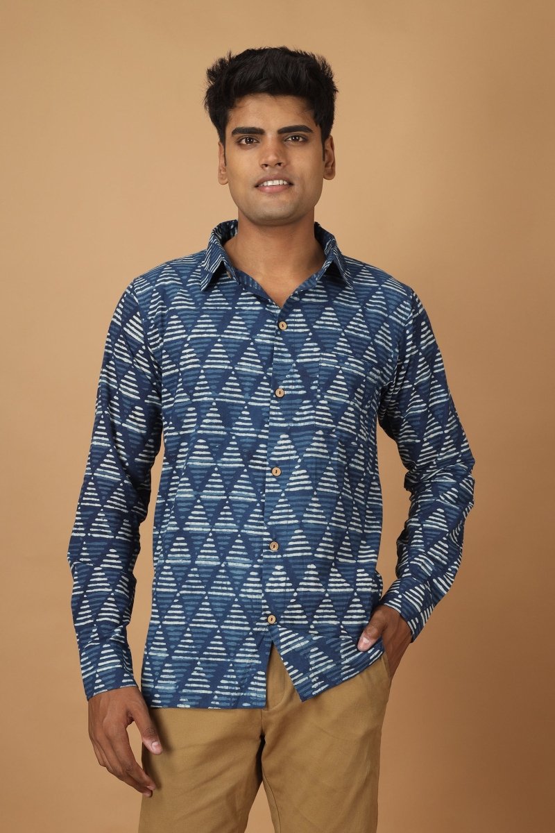 Buy Trikona Dabu Indigo Mens Cotton Shirt | Shop Verified Sustainable Mens Shirt on Brown Living™