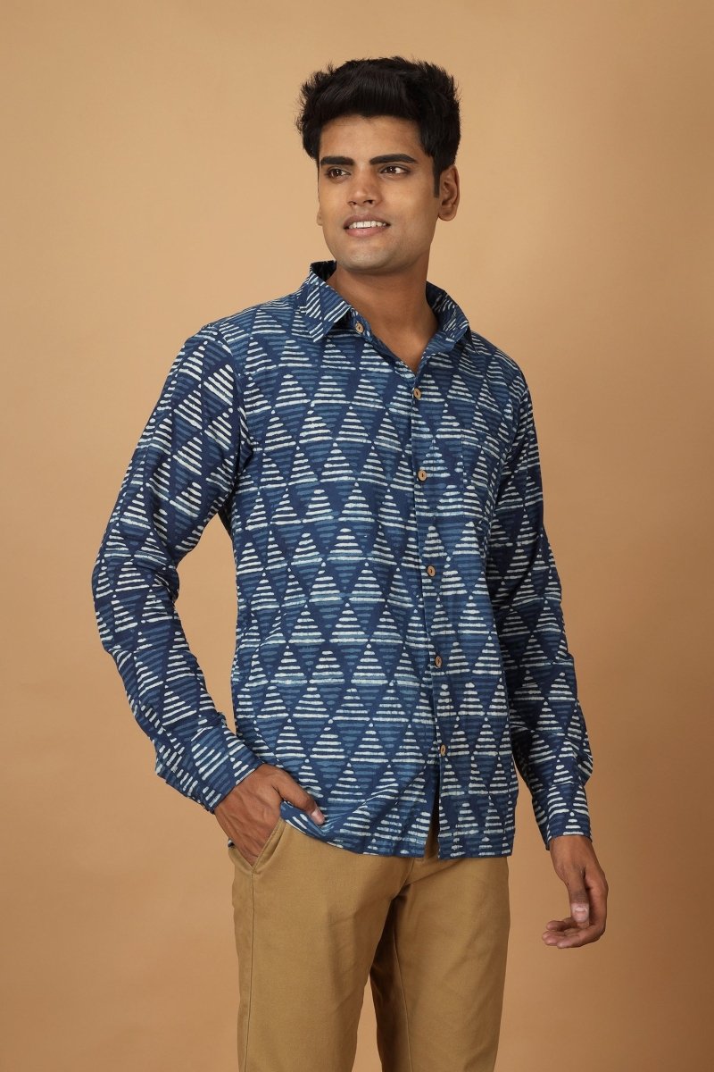 Buy Trikona Dabu Indigo Mens Cotton Shirt | Shop Verified Sustainable Mens Shirt on Brown Living™