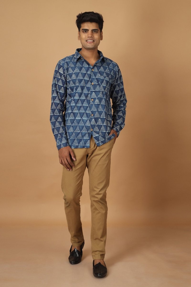 Buy Trikona Dabu Indigo Mens Cotton Shirt | Shop Verified Sustainable Mens Shirt on Brown Living™