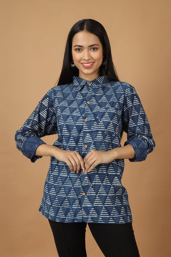 Buy Trikona Dabu Indigo Womens Cotton Shirt | Shop Verified Sustainable Womens Shirt on Brown Living™