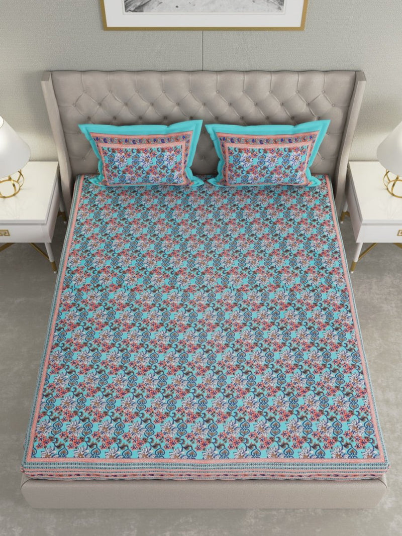 Buy Turquoise Floral Hand Printed Pure Cotton King Size Bedding Set | Shop Verified Sustainable Bedding on Brown Living™