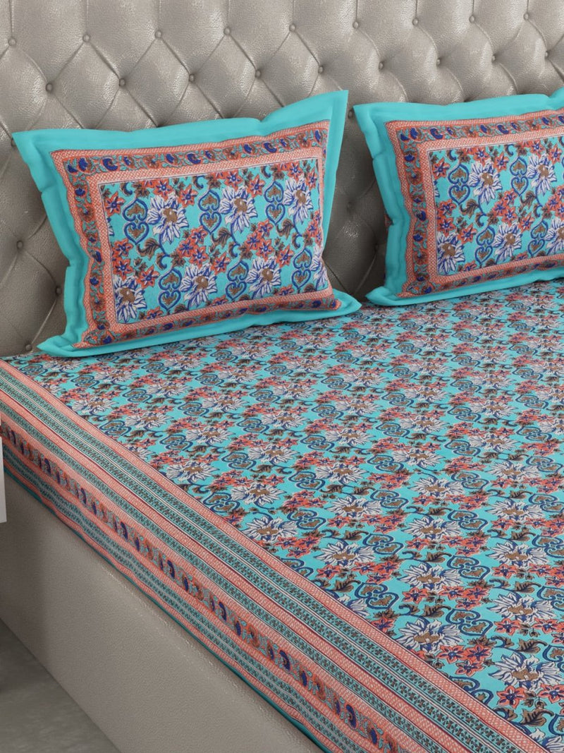 Buy Turquoise Floral Hand Printed Pure Cotton King Size Bedding Set | Shop Verified Sustainable Bedding on Brown Living™