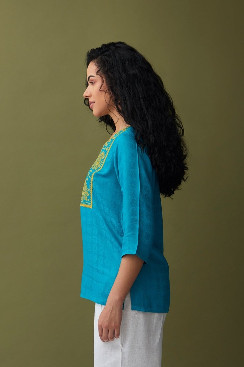 Turquoise Jacquard Embroidered Tunic | Verified Sustainable Womens Top on Brown Living™