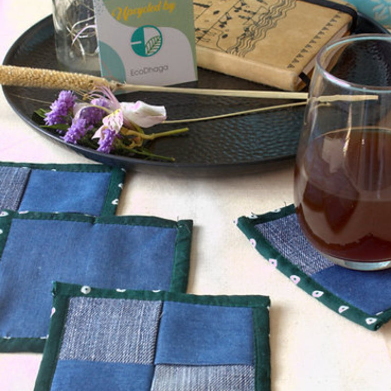 Buy Upcycled Denim Coaster Set (x4)- Bandhani Piping | Shop Verified Sustainable Table Linens on Brown Living™