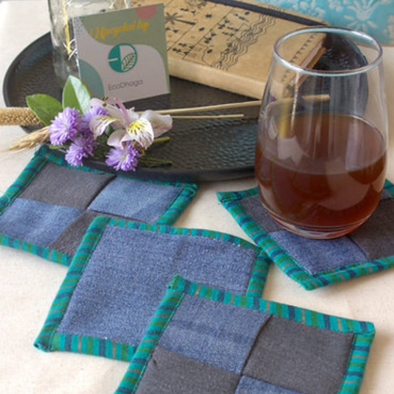 Buy Upcycled Denim Coaster Set (x4)- Blue Green Piping | Shop Verified Sustainable Table Linens on Brown Living™