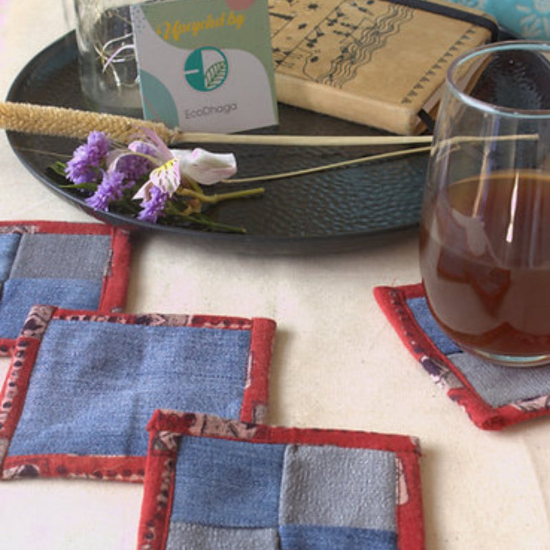 Buy Upcycled Denim Coaster Set (x4)- Textured Denim | Shop Verified Sustainable Table Linens on Brown Living™