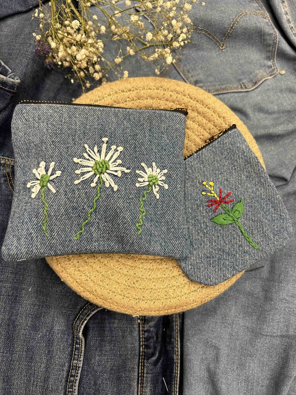 Buy Upcycled Denim Pocket and Pouch Combo | Hand Embroidered | Shop Verified Sustainable Travel Organiser on Brown Living™