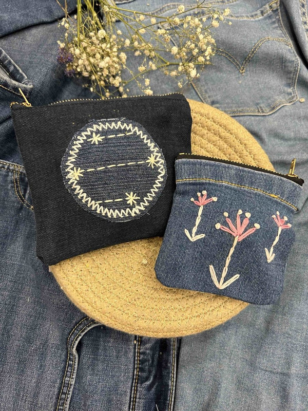 Buy Upcycled Denim Pocket and Pouch Combo | Hand Embroidered | Shop Verified Sustainable Travel Organiser on Brown Living™