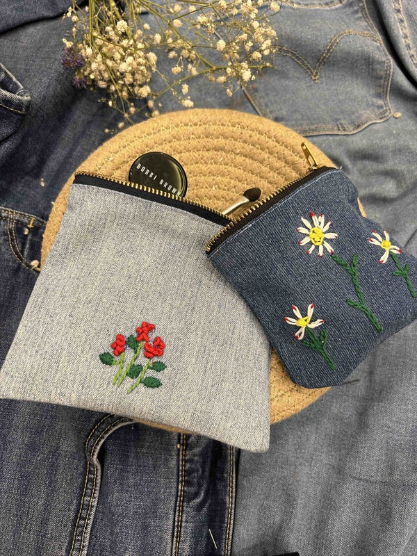 Buy Upcycled Denim Pocket and Pouch Combo | Hand Embroidered | Shop Verified Sustainable Travel Organiser on Brown Living™