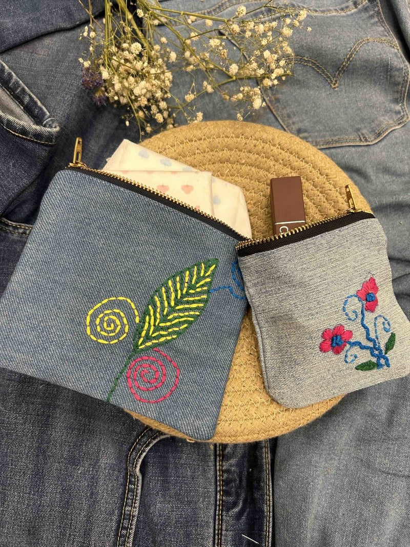 Buy Upcycled Denim Pocket and Pouch Combo | Hand Embroidered | Shop Verified Sustainable Travel Organiser on Brown Living™