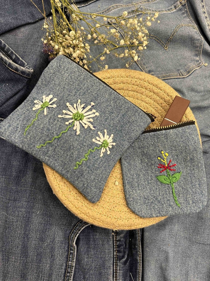 Buy Upcycled Denim Pocket and Pouch Combo | Hand Embroidered | Shop Verified Sustainable Travel Organiser on Brown Living™