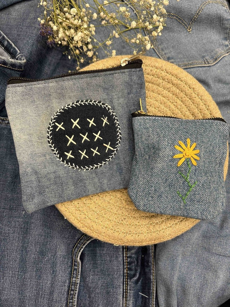 Buy Upcycled Denim Pocket and Pouch Combo | Hand Embroidered | Shop Verified Sustainable Travel Organiser on Brown Living™