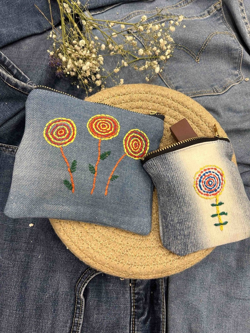 Buy Upcycled Denim Pocket and Pouch Combo | Hand Embroidered | Shop Verified Sustainable Travel Organiser on Brown Living™