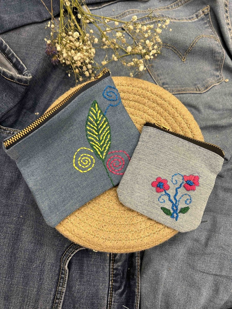 Buy Upcycled Denim Pocket and Pouch Combo | Hand Embroidered | Shop Verified Sustainable Travel Organiser on Brown Living™