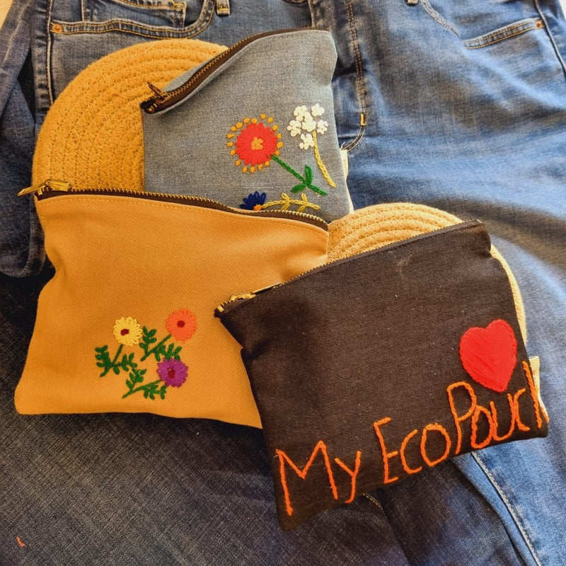 Buy Upcycled Denim Pocket and Tote Combo | Hand Embroidered Set of 3 | Shop Verified Sustainable Travel Organiser on Brown Living™