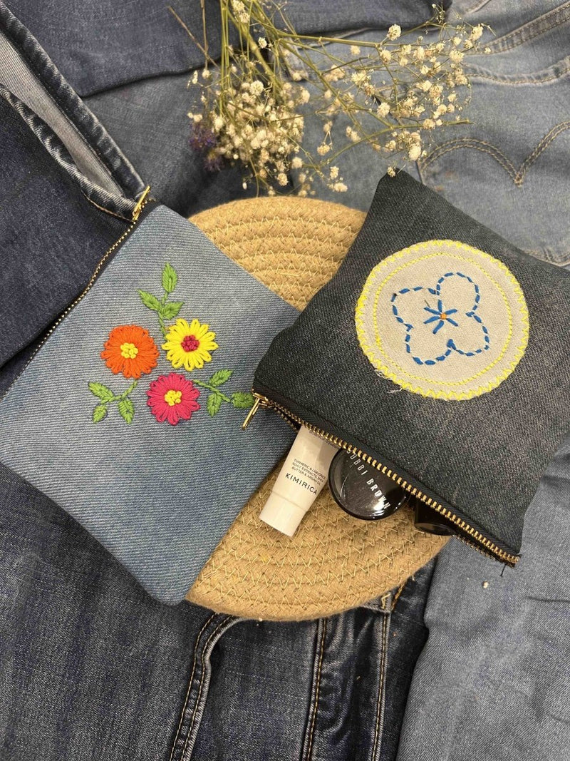 Buy Upcycled Denim Pouch Combo | Set of 2 | Hand Embroidered | Shop Verified Sustainable Travel Organiser on Brown Living™