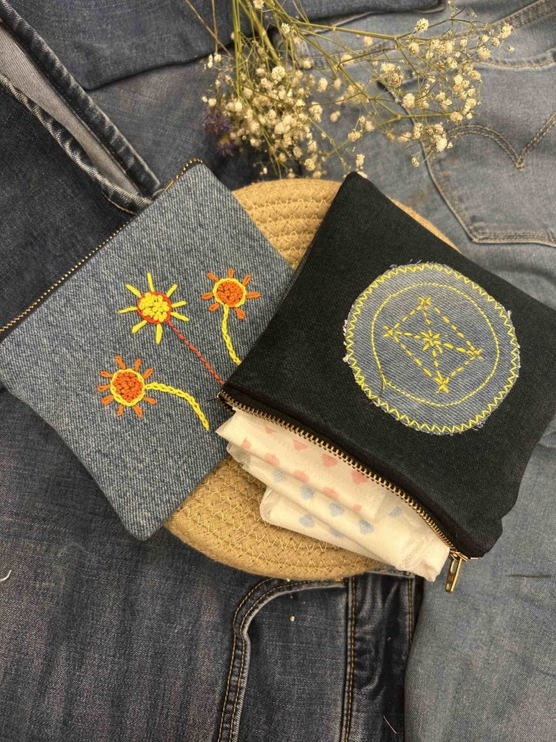 Buy Upcycled Denim Pouch Combo | Set of 2 | Hand Embroidered | Shop Verified Sustainable Travel Organiser on Brown Living™