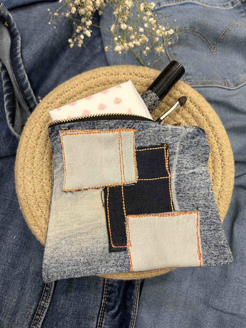 Buy Upcycled Denim Pouch with Floral Emroidery | Shop Verified Sustainable Travel Organiser on Brown Living™