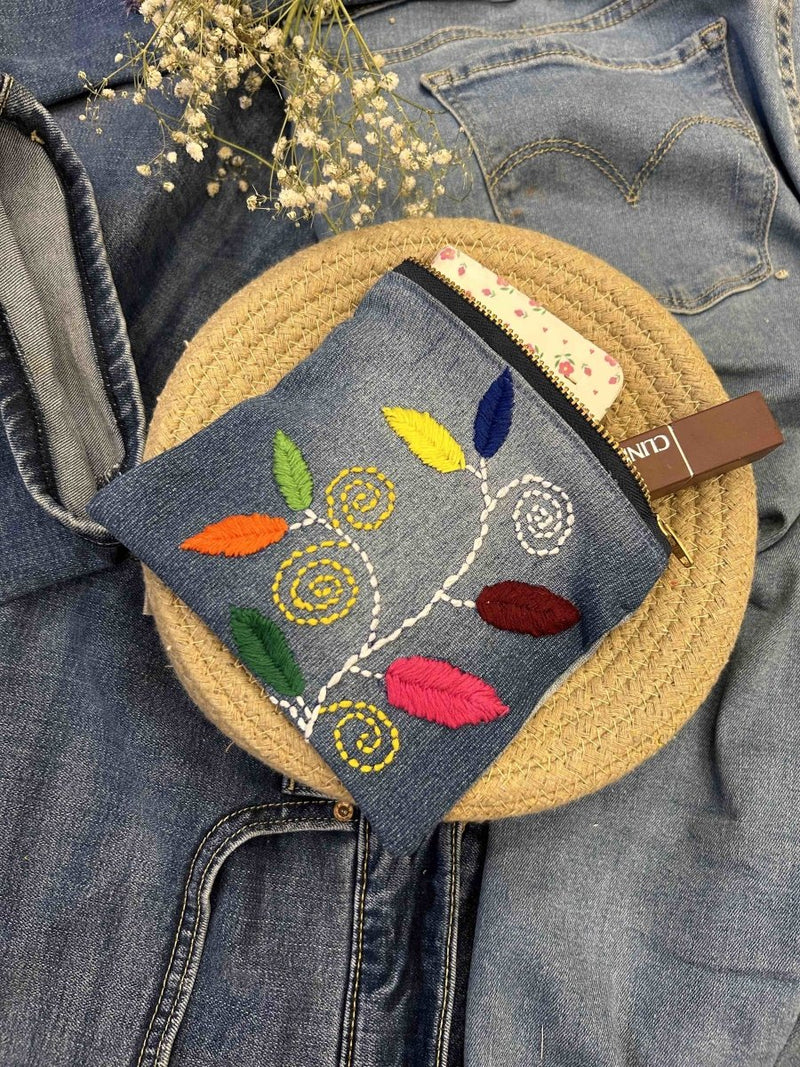 Buy Upcycled Denim Pouch with Hand Embroidery | Shop Verified Sustainable Travel Organiser on Brown Living™