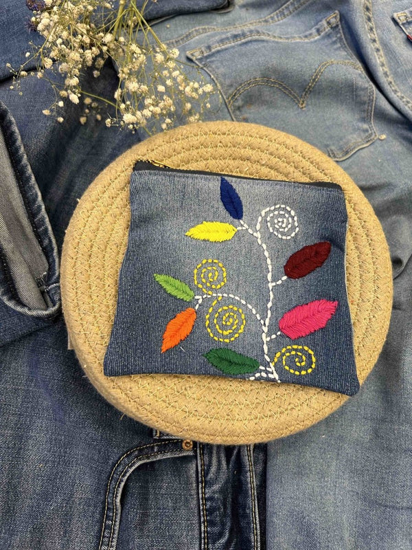 Buy Upcycled Denim Pouch with Hand Embroidery | Shop Verified Sustainable Travel Organiser on Brown Living™